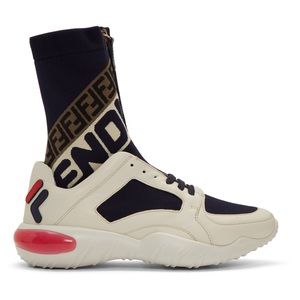 Fendi White & Navy 'Fendi Mania' Sock Sneakers